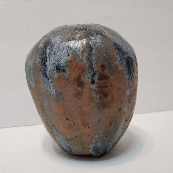 Art Pottery Vase, Flower Frog, Stoneware, Signed Studio Pottery, Blue Beige Pot - Picture 4 of 8